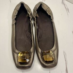 Bronze Pewter Metallic Leather Embellished Jeweled Ballet Flats 8.5 39, Apepazza